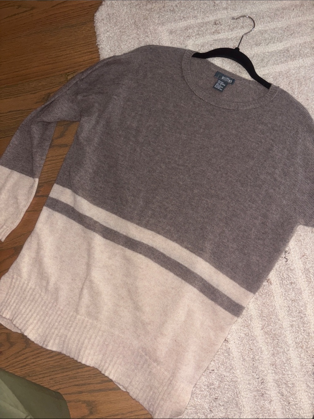 Crewneck Cashmere Sweater in Gray and Cream Stripe